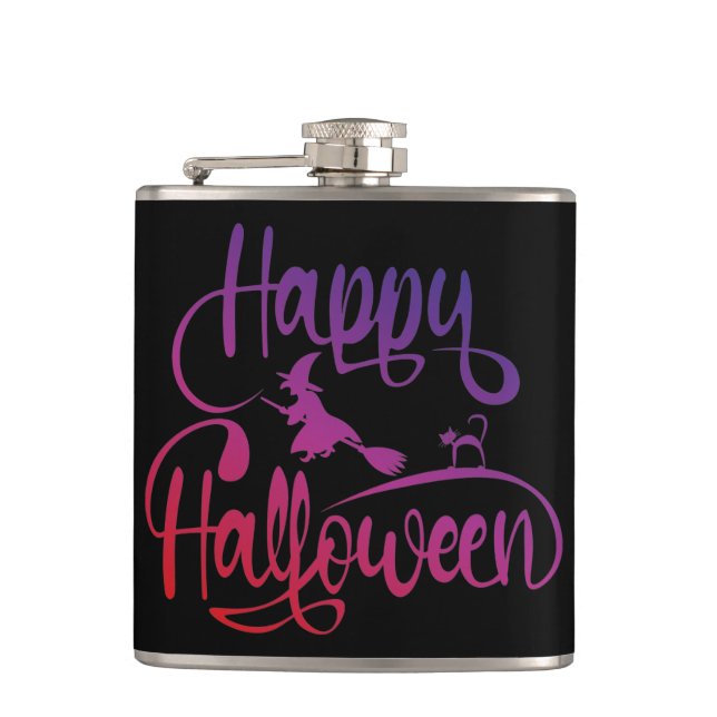 Happy Halloween gradient flying witch cat  Hip Flask (Front)