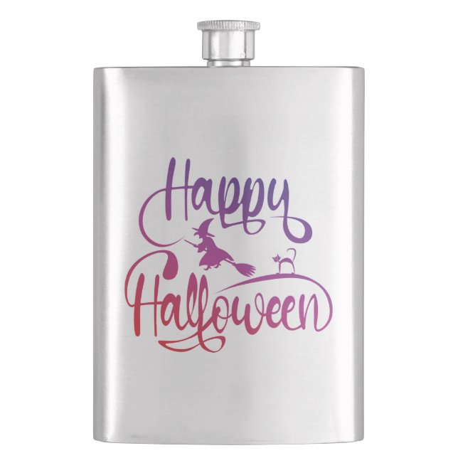 Happy Halloween gradient flying witch cat  Hip Flask (Front)