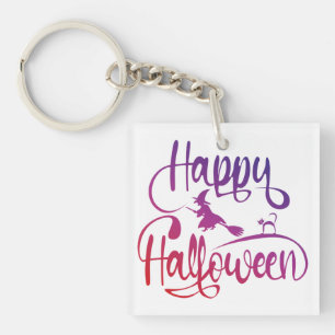 Happy Halloween gradient flying witch cat  Key Ring