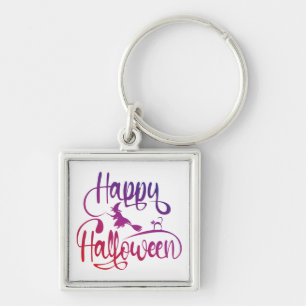 Happy Halloween gradient flying witch cat  Key Ring