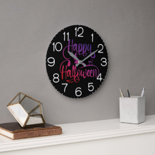 Happy Halloween gradient flying witch cat Large Clock