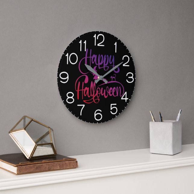 Happy Halloween gradient flying witch cat  Large Clock (Office)