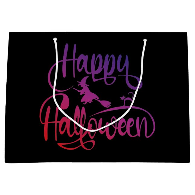 Happy Halloween gradient flying witch cat  Large Gift Bag (Front)