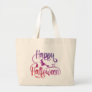 Happy Halloween gradient flying witch cat  Large Tote Bag