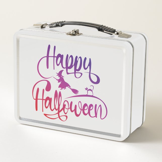 Happy Halloween gradient flying witch cat  Metal Lunch Box (Front)