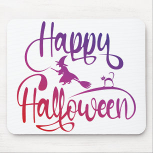 Happy Halloween gradient flying witch cat  Mouse Mat