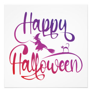Happy Halloween gradient flying witch cat  Photo Print