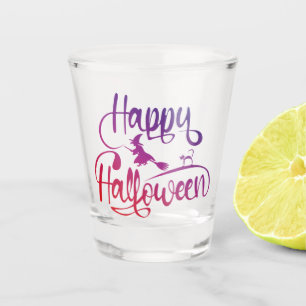 Happy Halloween gradient flying witch cat Shot Glass