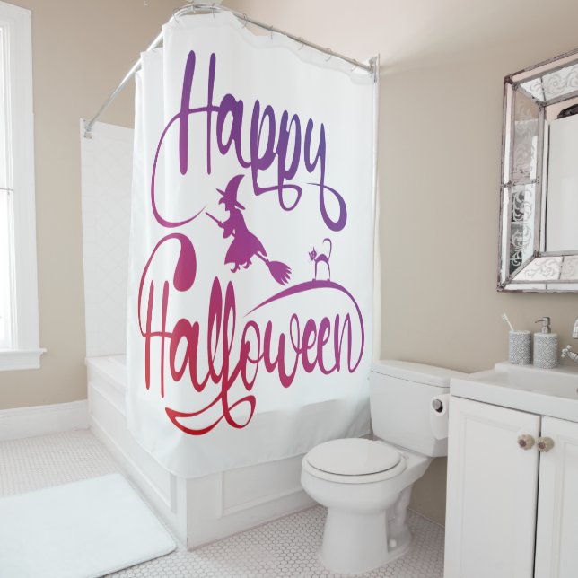 Happy Halloween gradient flying witch cat  Shower Curtain (In Situ)