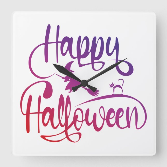 Happy Halloween gradient flying witch cat  Square Wall Clock (Front)
