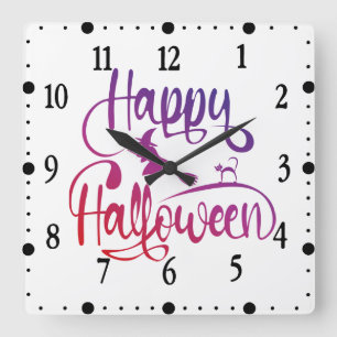Happy Halloween gradient flying witch cat Square Wall Clock