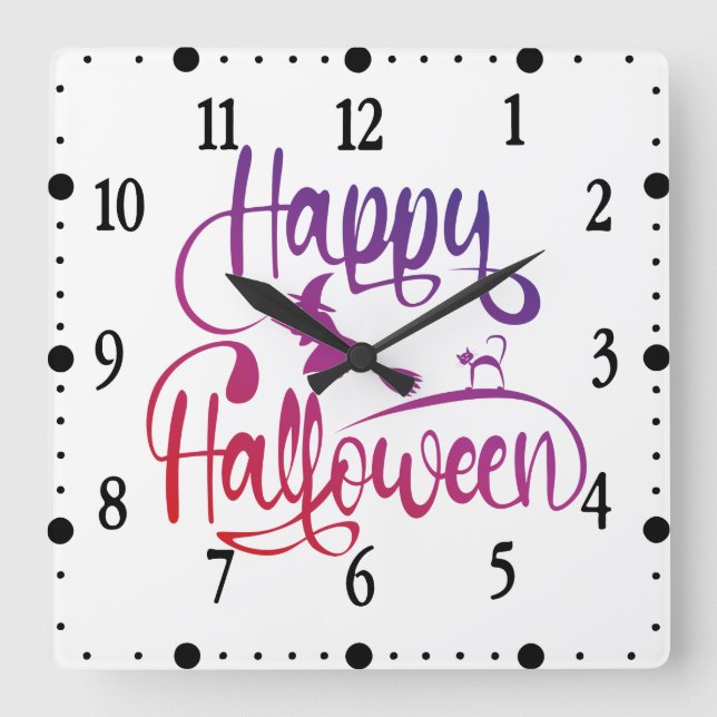 Happy Halloween gradient flying witch cat  Square Wall Clock (Front)