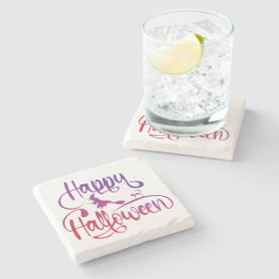 Happy Halloween gradient flying witch cat  Stone Coaster