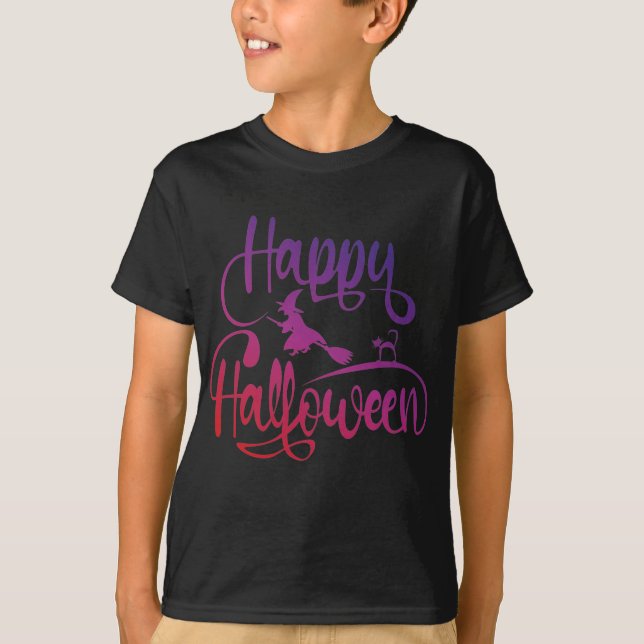 Happy Halloween gradient flying witch cat T-Shirt (Front)