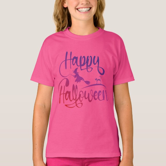 Happy Halloween gradient flying witch cat T-Shirt (Front)