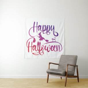 Happy Halloween gradient flying witch cat  Tapestry
