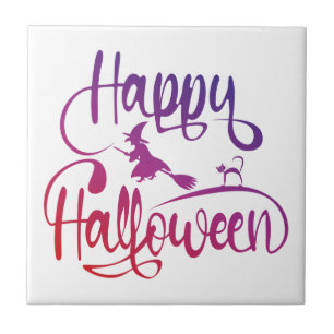 Happy Halloween gradient flying witch cat Tile