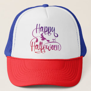 Happy Halloween gradient flying witch cat  Trucker Hat