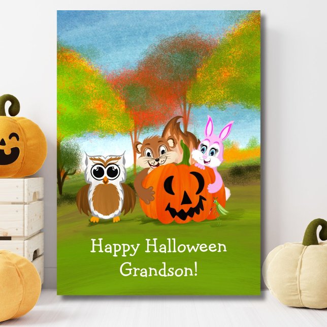 Happy Halloween Grandson Chipmunk, Rabbit & Owl Card (Creator Uploaded)