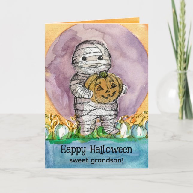 Happy Halloween Grandson Mummy Pumpkins  Card (Front)