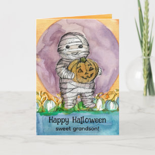 Happy Halloween Grandson Mummy Pumpkins  Card