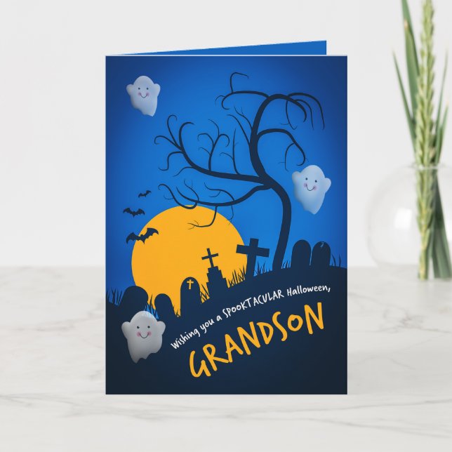 Happy Halloween Grandson Spooky Cemetery Ghosts Holiday Card (Front)