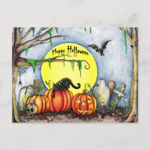 Happy Halloween Graveyard Scene Postcard