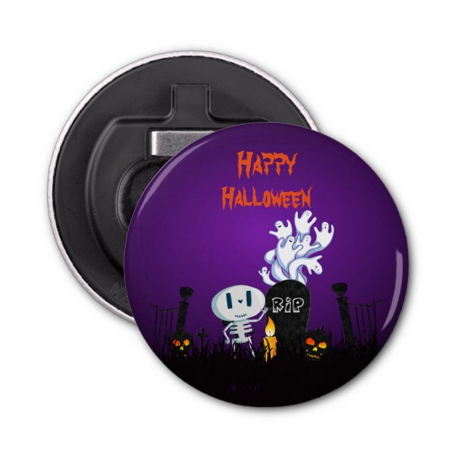 Happy Halloween Graveyard Spooky Skeleton & Ghosts Bottle Opener (Front)