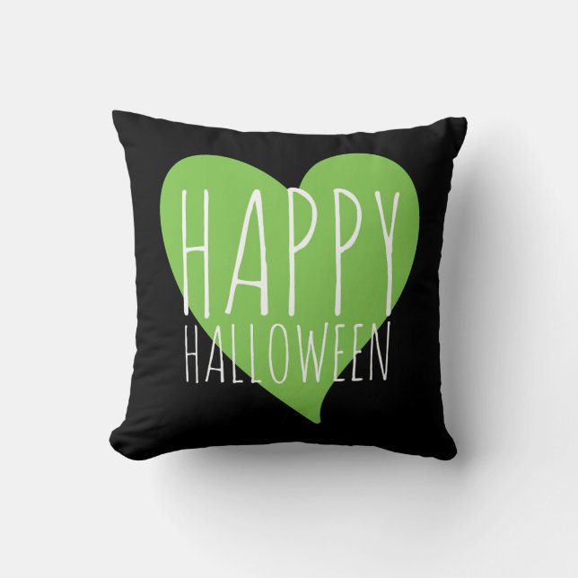Happy Halloween / Green Heart Black & Grey Stripes Cushion (Front)