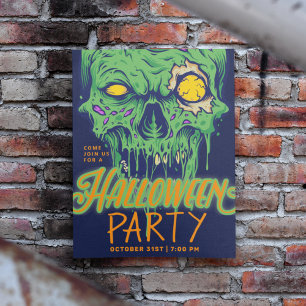 Happy Halloween    Green Slimy Zombie Skull Invita Invitation