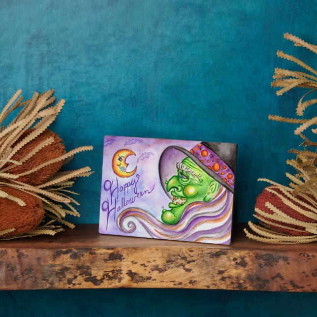 Happy Halloween Green Witch Art Sign Decoration Plaque (Side)