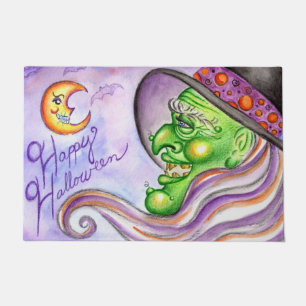 Happy Halloween Green Witch Doormat Rug Decoration