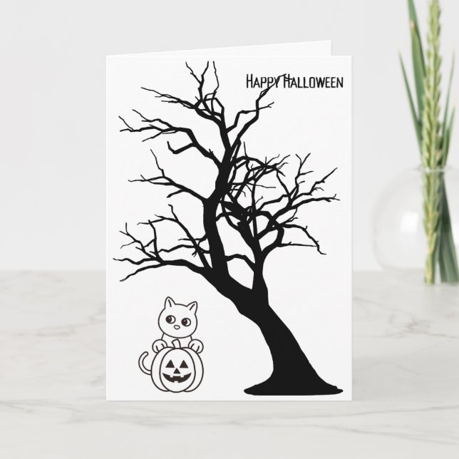 Happy Halloween Greeting Card Cat Pumpkin Tree (Front)
