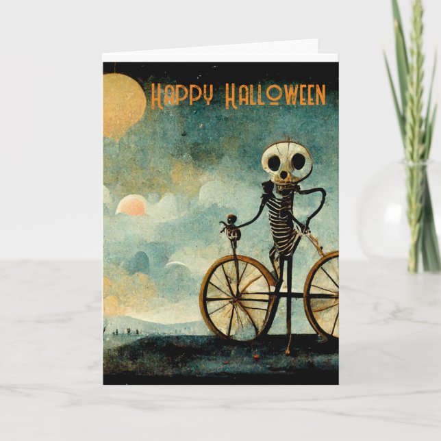 Happy Halloween Greeting Card Skeleton Bicycle (Front)
