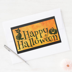 Happy Halloween Greeting Orange and Black Rectangular Sticker