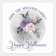 happy halloween grey moon and watercolor roses 