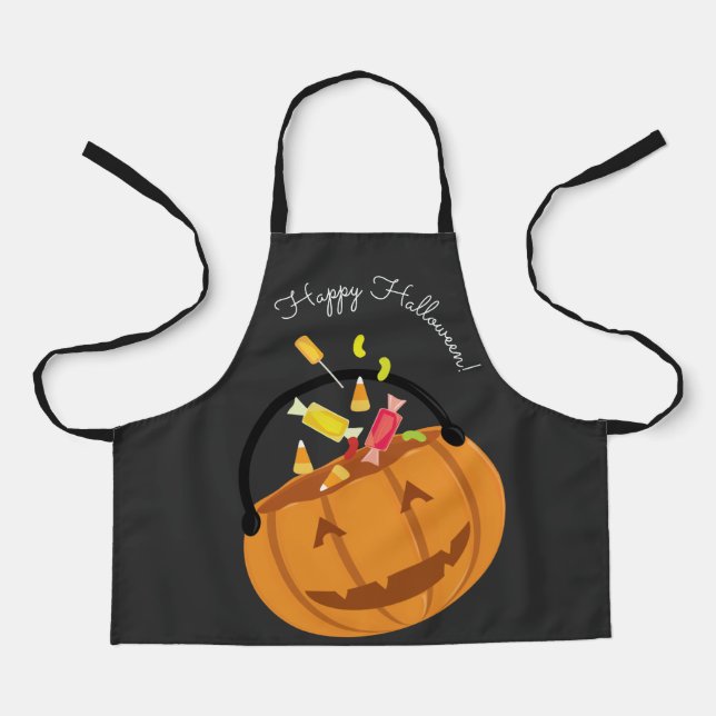 Happy Halloween Grey Orange Pumpkin Pail Candy Apron (Front)
