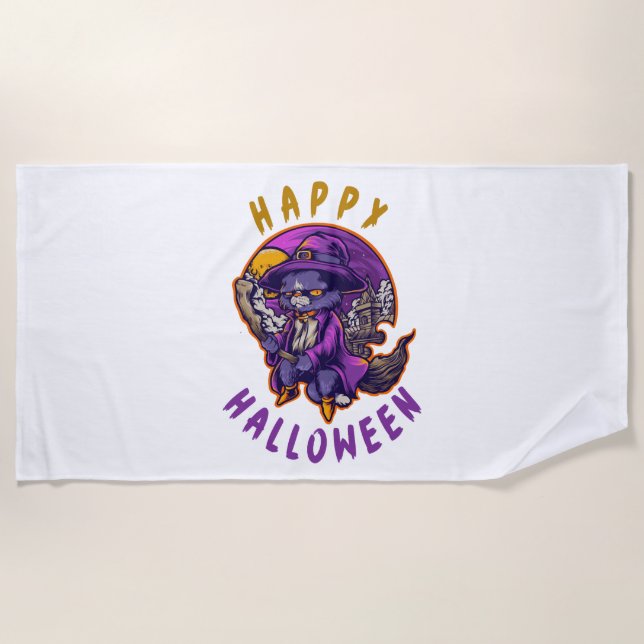 Happy Halloween Halloween Witch Cat Beach Towel (Front)