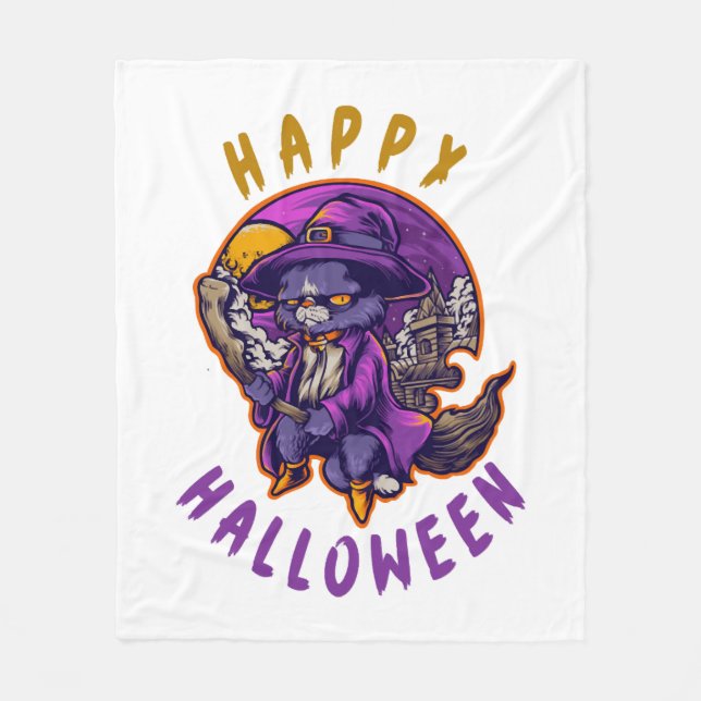 Happy Halloween Halloween Witch Cat Fleece Blanket (Front)