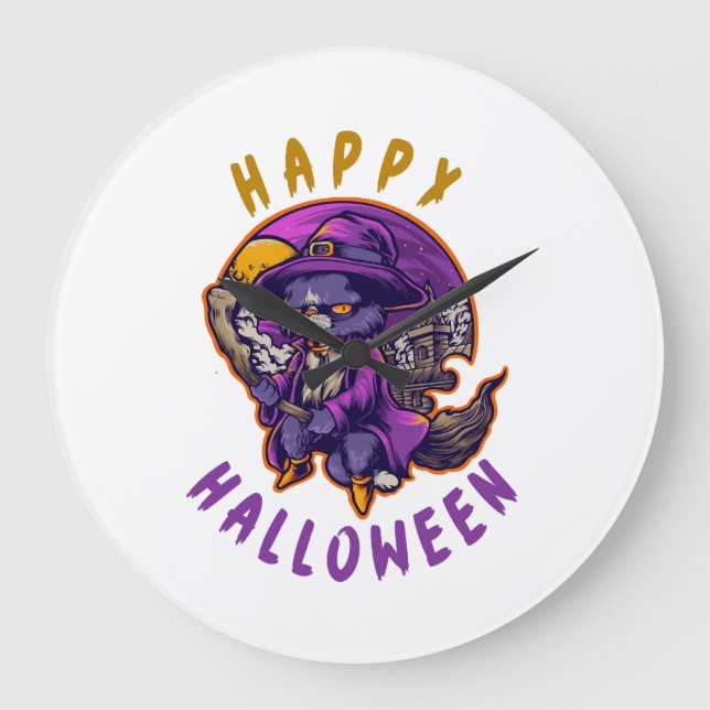 Happy Halloween Halloween Witch Cat Large Clock (Front)