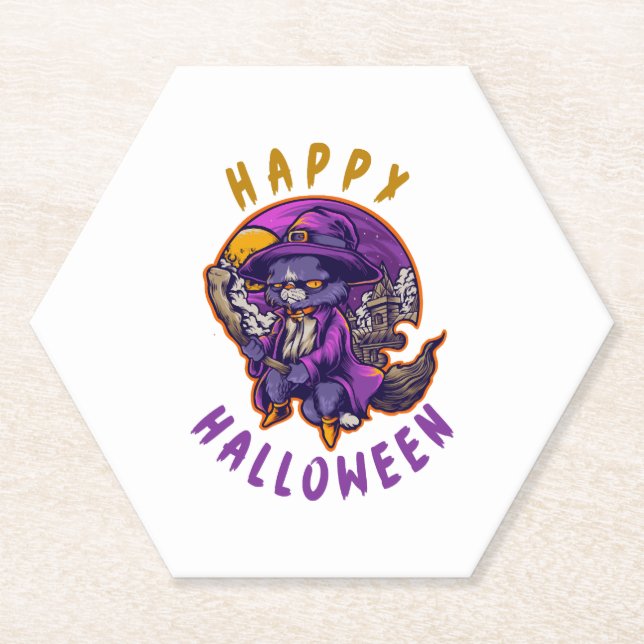 Happy Halloween Halloween Witch Cat Paper Coaster (Front)