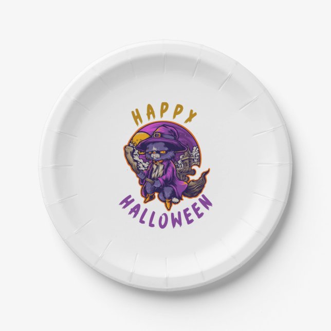 Happy Halloween Halloween Witch Cat Paper Plate (Front)