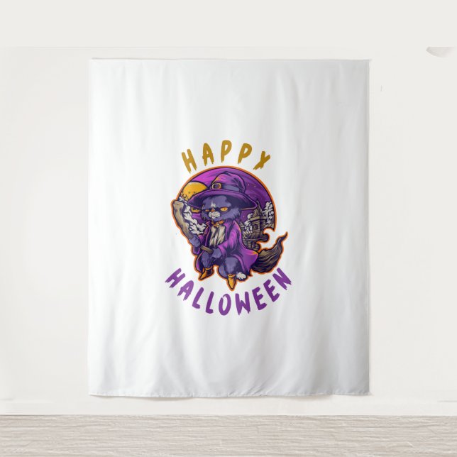 Happy Halloween Halloween Witch Cat Tapestry (Front)