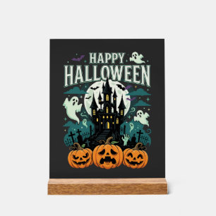 Happy Halloween Haunted Castle Ghosts and Pumpkins Acrylic Sign