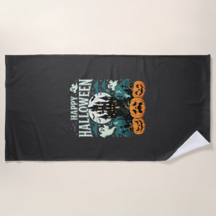 Happy Halloween Haunted Castle Ghosts and Pumpkins Beach Towel