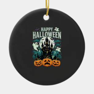 Happy Halloween Haunted Castle Ghosts and Pumpkins Ceramic Tree Decoration