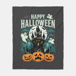 Happy Halloween Haunted Castle Ghosts and Pumpkins Fleece Blanket