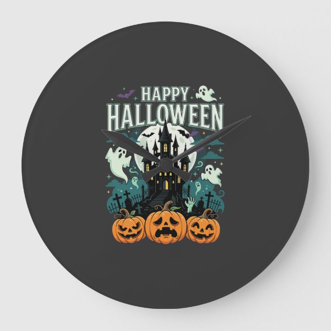 Happy Halloween Haunted Castle Ghosts and Pumpkins Large Clock (Front)