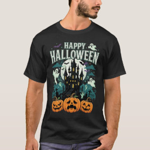 Happy Halloween Haunted Castle Ghosts and Pumpkins T-Shirt