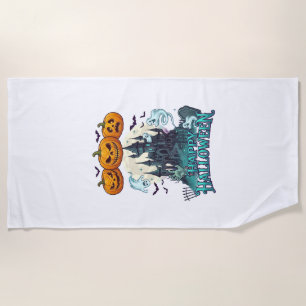 Happy Halloween Haunted Castle Pumpkins Ghosts_1 Beach Towel